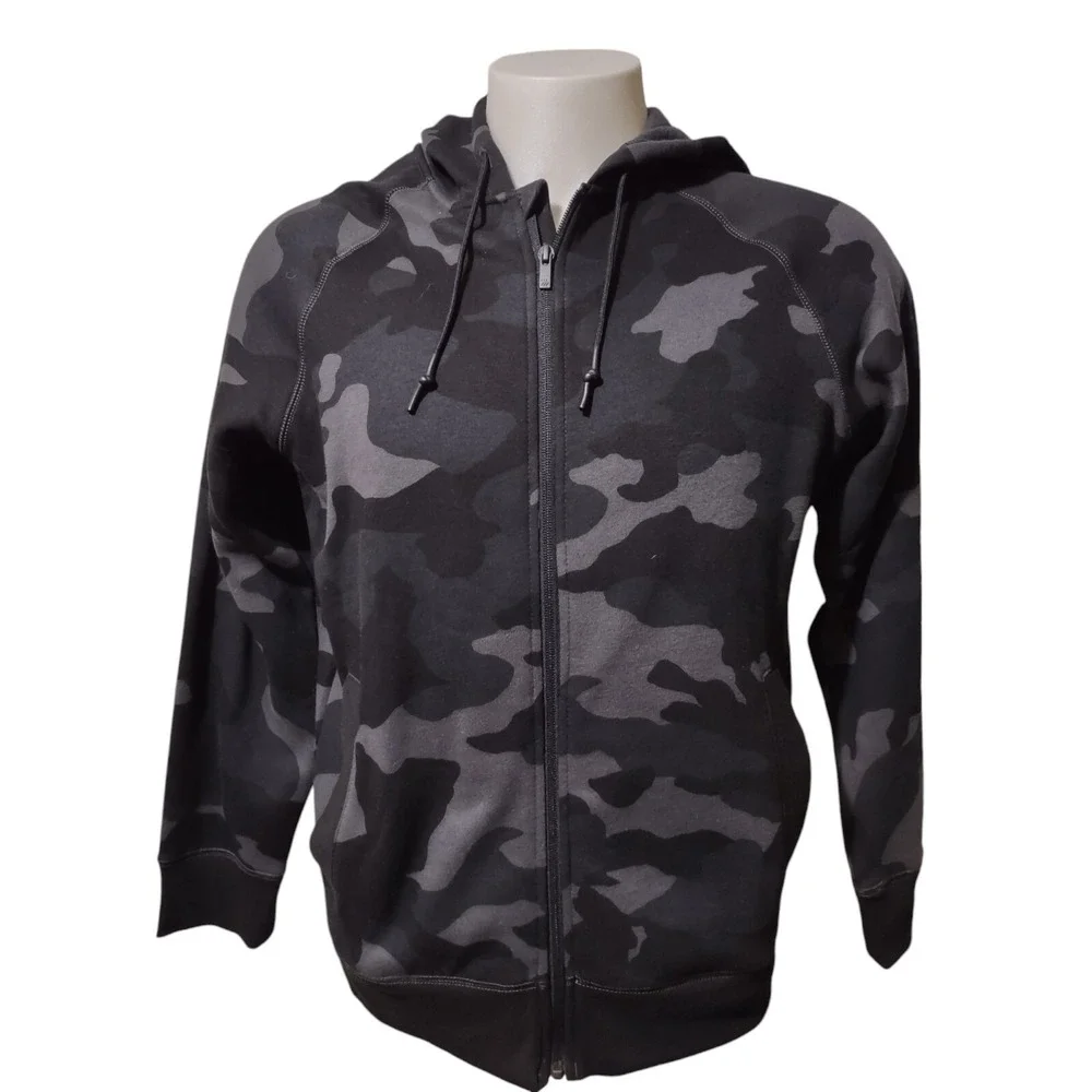 All in Motion Jacket Men's M‎ Gray Camo Full Zip Hooded Fleece Lined Drawstring
